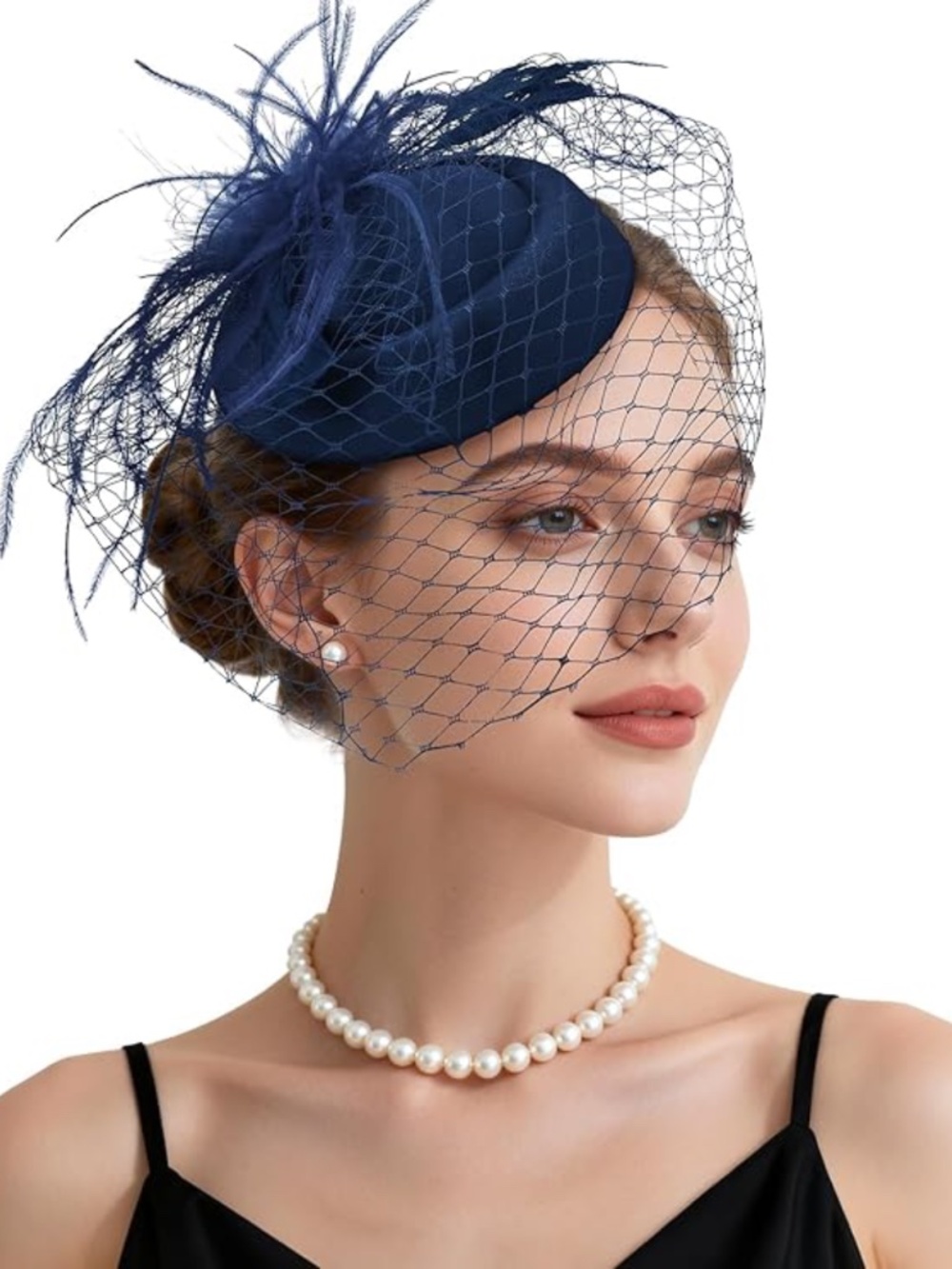 Women’s Black Vintage Style Feather Tea Party Fascinator Pillbox Hat With Veil